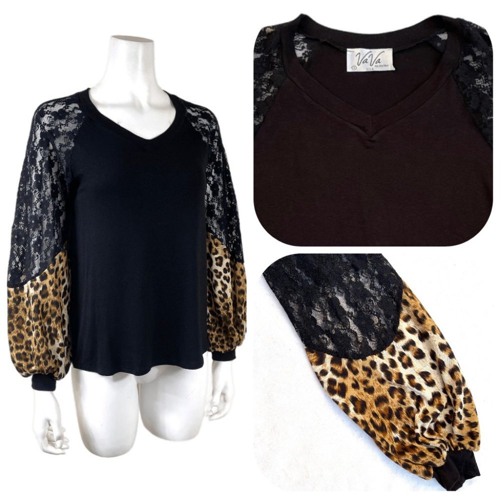 VAVA V neck lace peasant sleeves Top